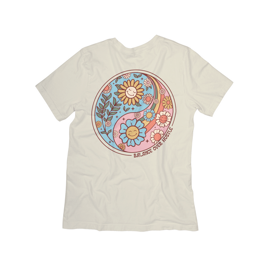 Balance Over Hustle Retro Floral Tee – Inspirational Graphic Shirt for Women