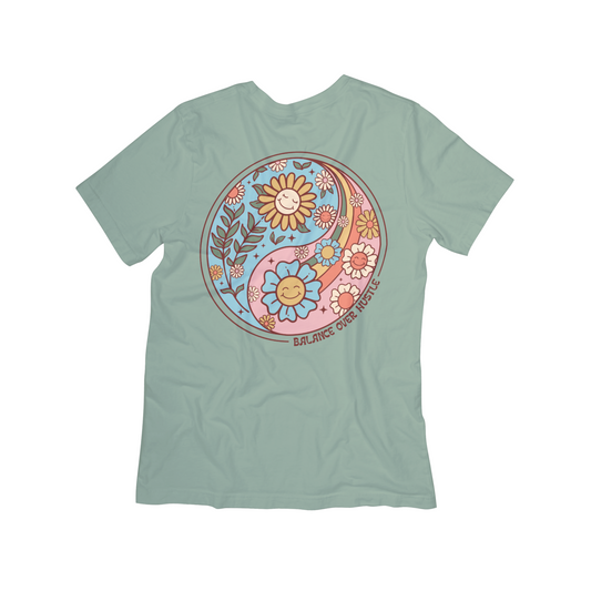 Balance Over Hustle Retro Floral Tee – Inspirational Graphic Shirt for Women