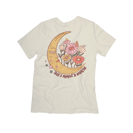 "Take a Moment to Breathe" Boho Moon Floral Tee