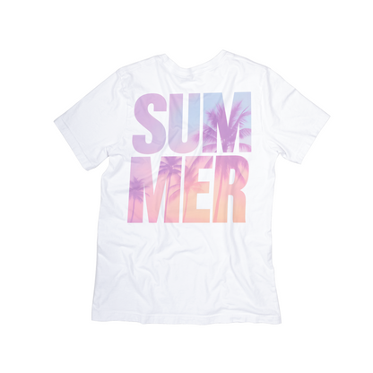 Split SUMMER Retro Graphic Tee – Palm Tree Sunset Vibes Shirt