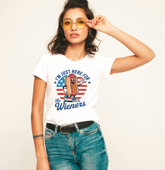 I’m Just Here for the Wieners 4th of July Graphic Tee – Funny Patriotic Hot Dog Shirt