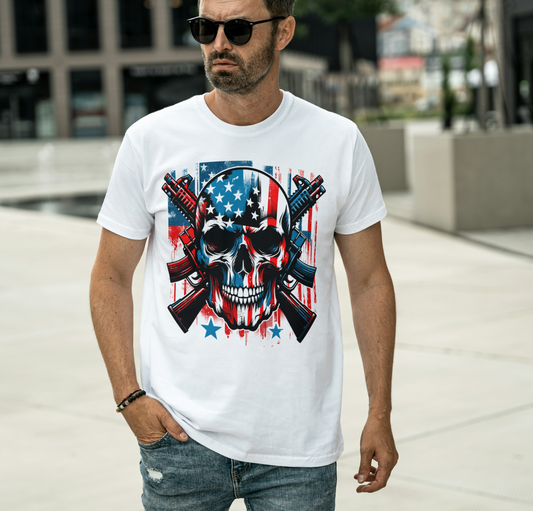 Patriotic Skull & Rifles Tee – American Flag 2nd Amendment Shirt