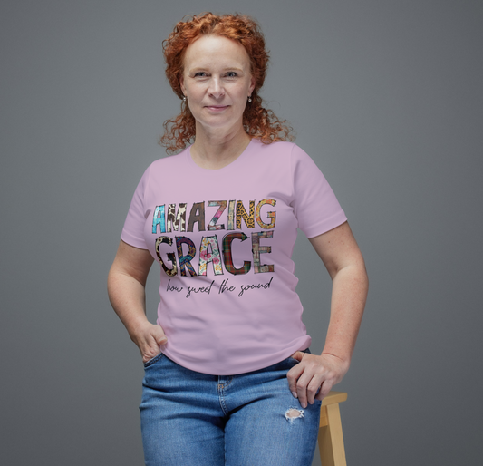 Patchwork “Amazing Grace” Tee – Faith-Inspired Christian T-Shirt for Women
