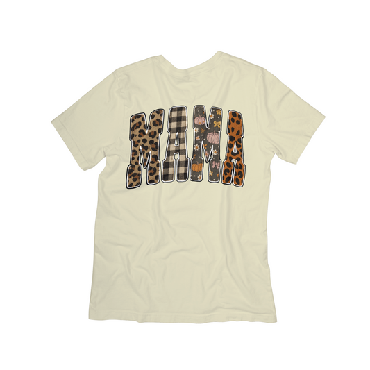 Fall Vibes MAMA Graphic Tee – Animal Print, Plaid & Pumpkin Letter Design