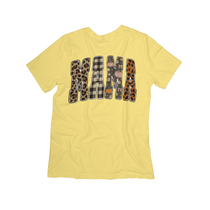 Fall Vibes MAMA Graphic Tee – Animal Print, Plaid & Pumpkin Letter Design