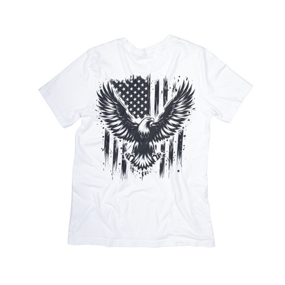 White t-shirt with black eagle and flag design on a white background