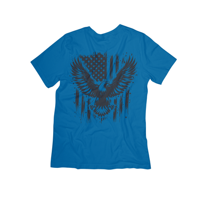 Blue t-shirt with black eagle design on a white background