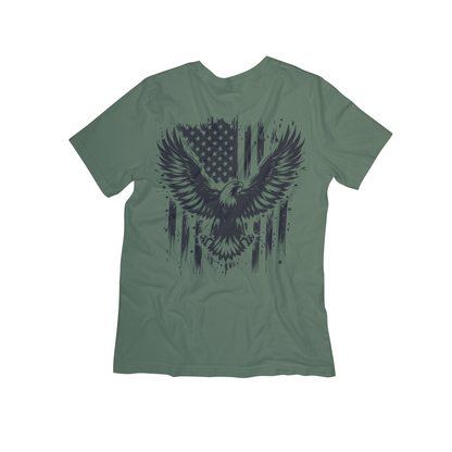 Green t-shirt with an eagle and American flag design on a white background