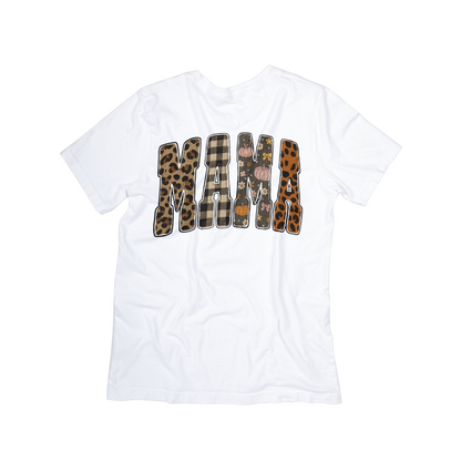 Fall Vibes MAMA Graphic Tee – Animal Print, Plaid & Pumpkin Letter Design
