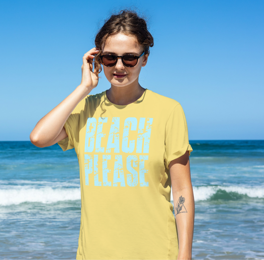 Beach Please Distressed Lettering Summer Tee – Funny Coastal Graphic Shirt