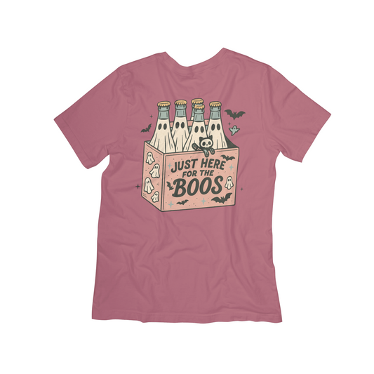 Just Here for the Boos Ghost Drink Tee – Funny Halloween Shirt with Skeleton Cat