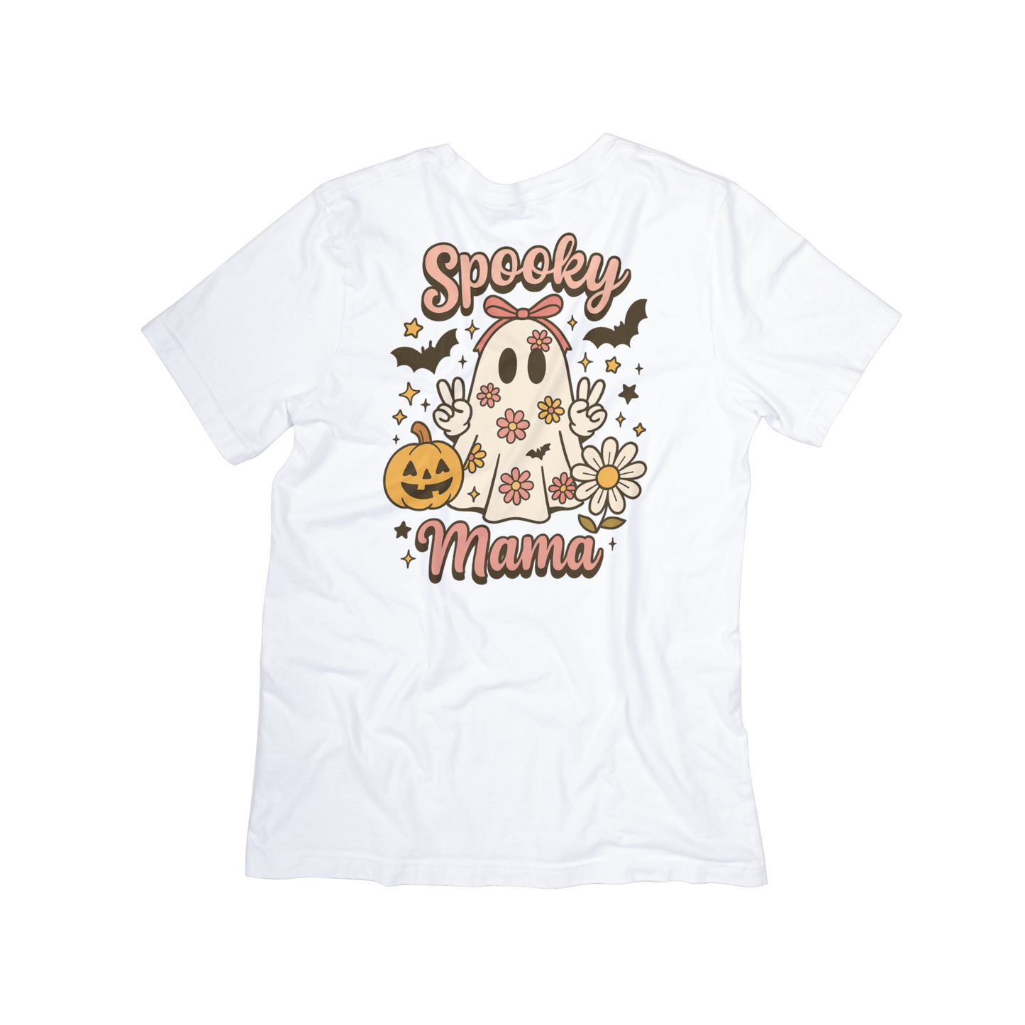 Spooky Mama Ghost Tee – Boho Rose Gold Halloween Shirt for Women