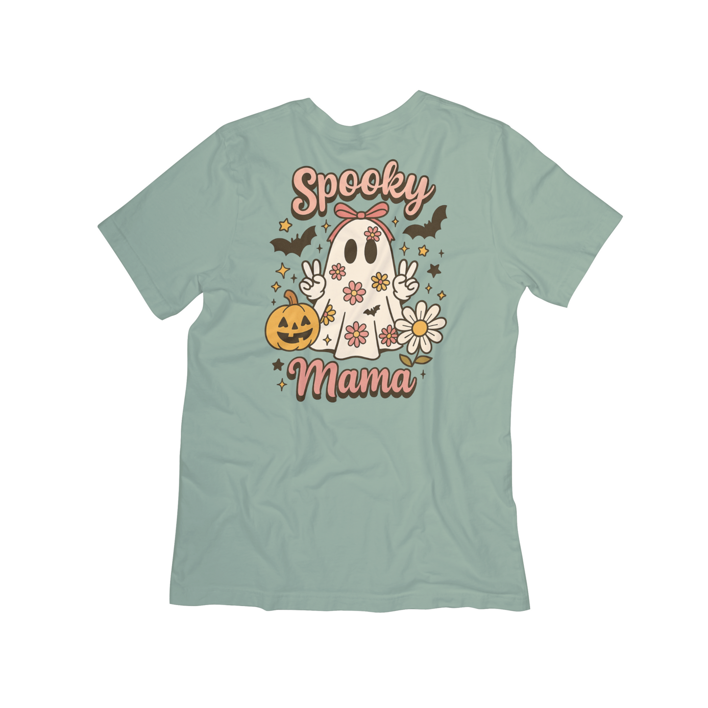 Spooky Mama Ghost Tee – Boho Rose Gold Halloween Shirt for Women