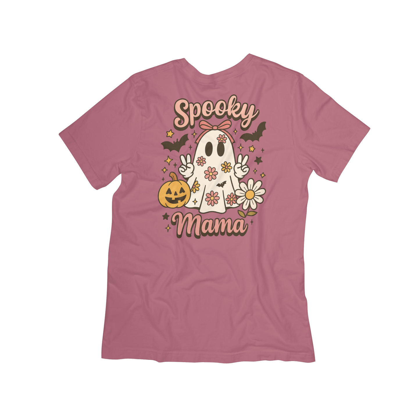 Spooky Mama Ghost Tee – Boho Rose Gold Halloween Shirt for Women