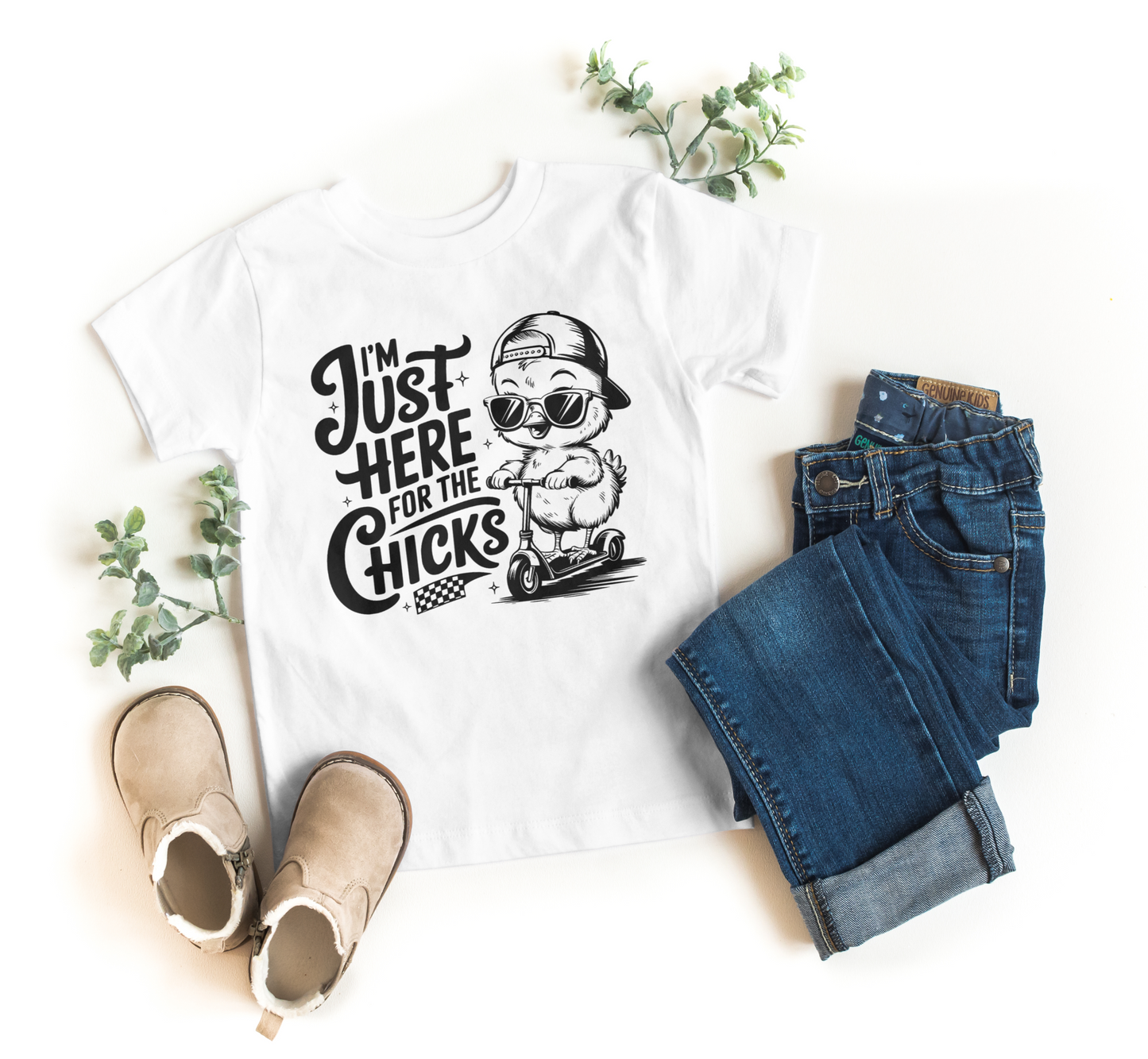 I’m Just Here for the Chicks Scooter T-Shirt – Funny Easter & Everyday Shirt for Kids