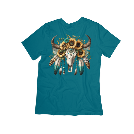 Boho Sunflower Buffalo Skull Graphic Tee