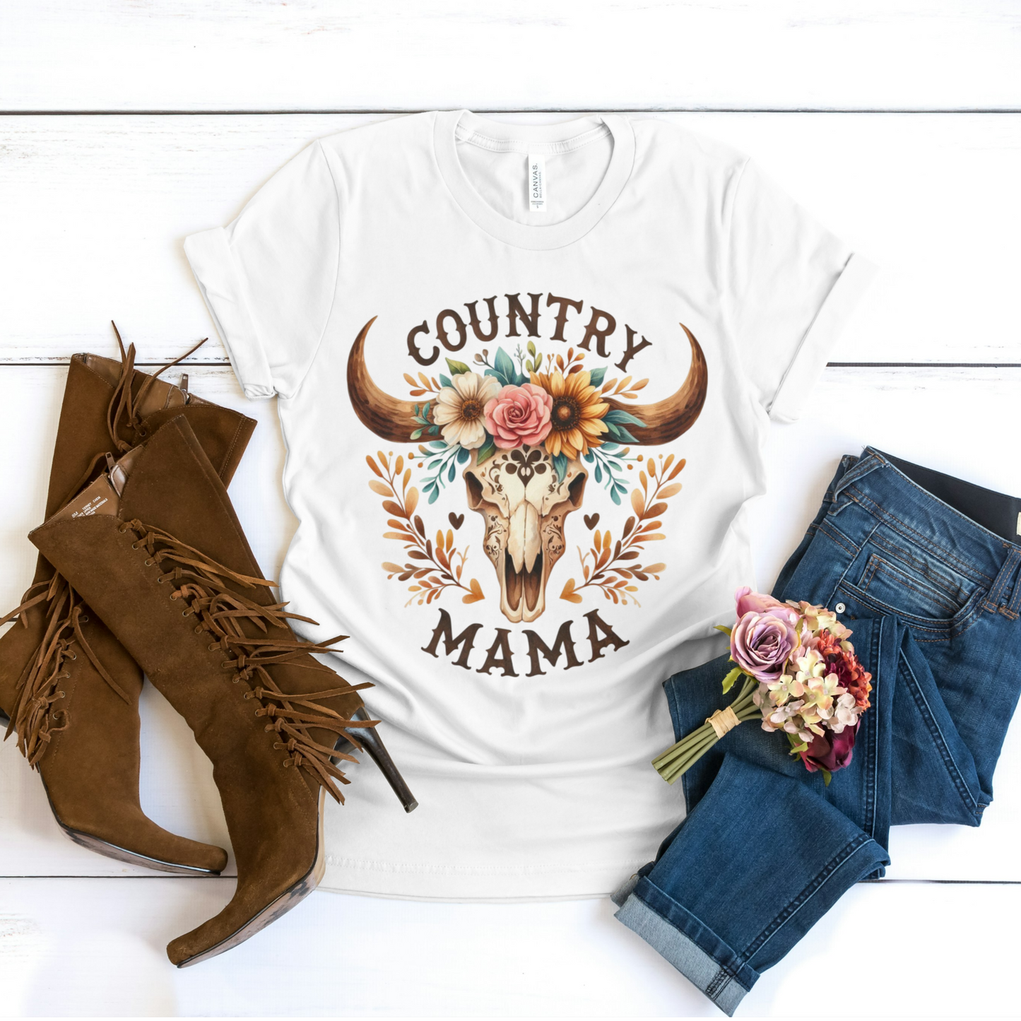 Country Mama Floral Skull Graphic Tee – Western Boho Style