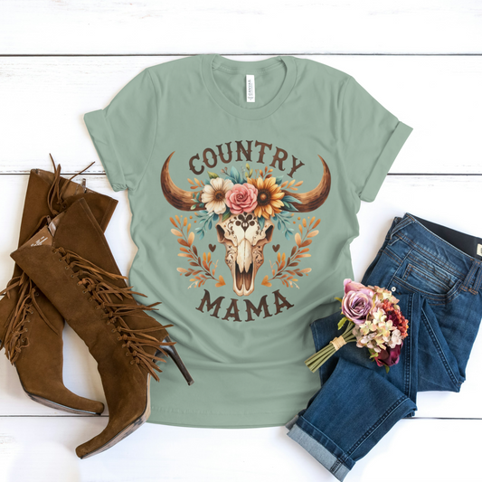 Country Mama Floral Skull Graphic Tee – Western Boho Style