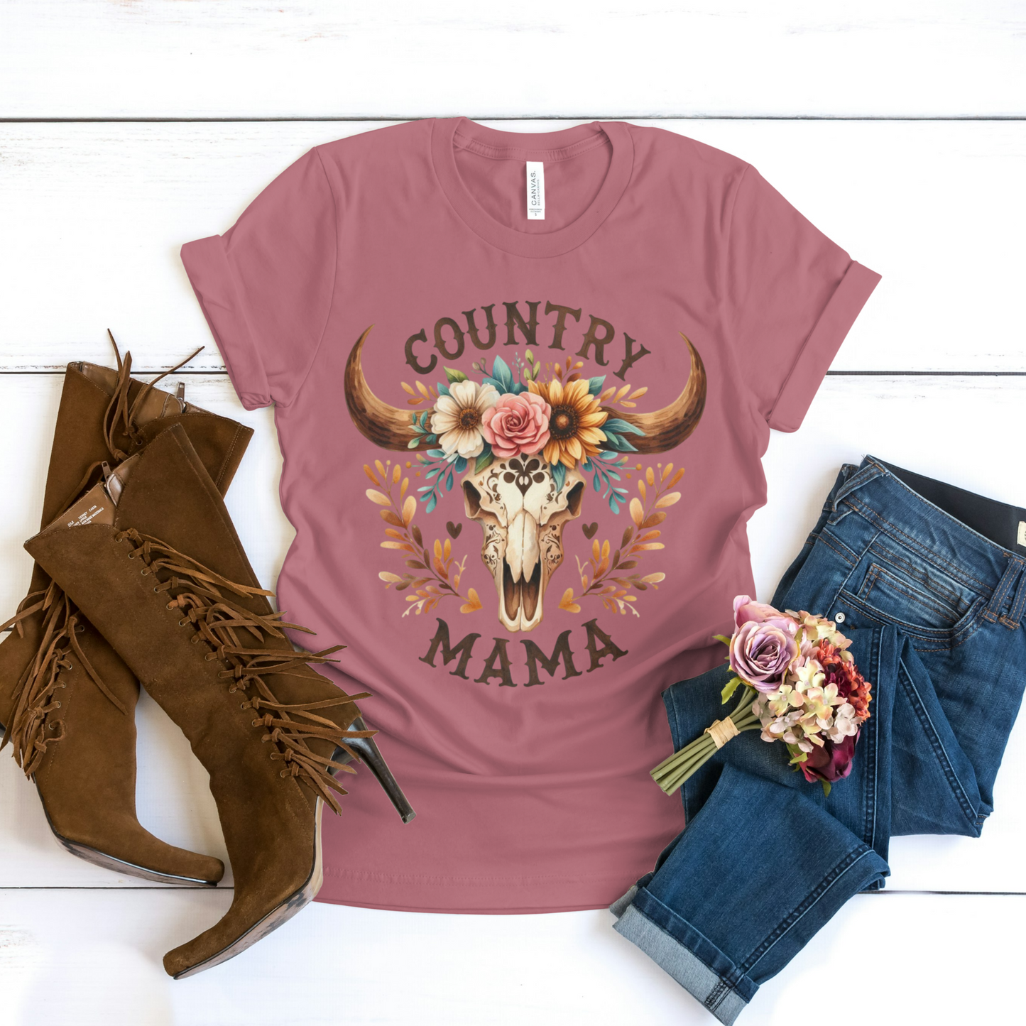 Country Mama Floral Skull Graphic Tee – Western Boho Style
