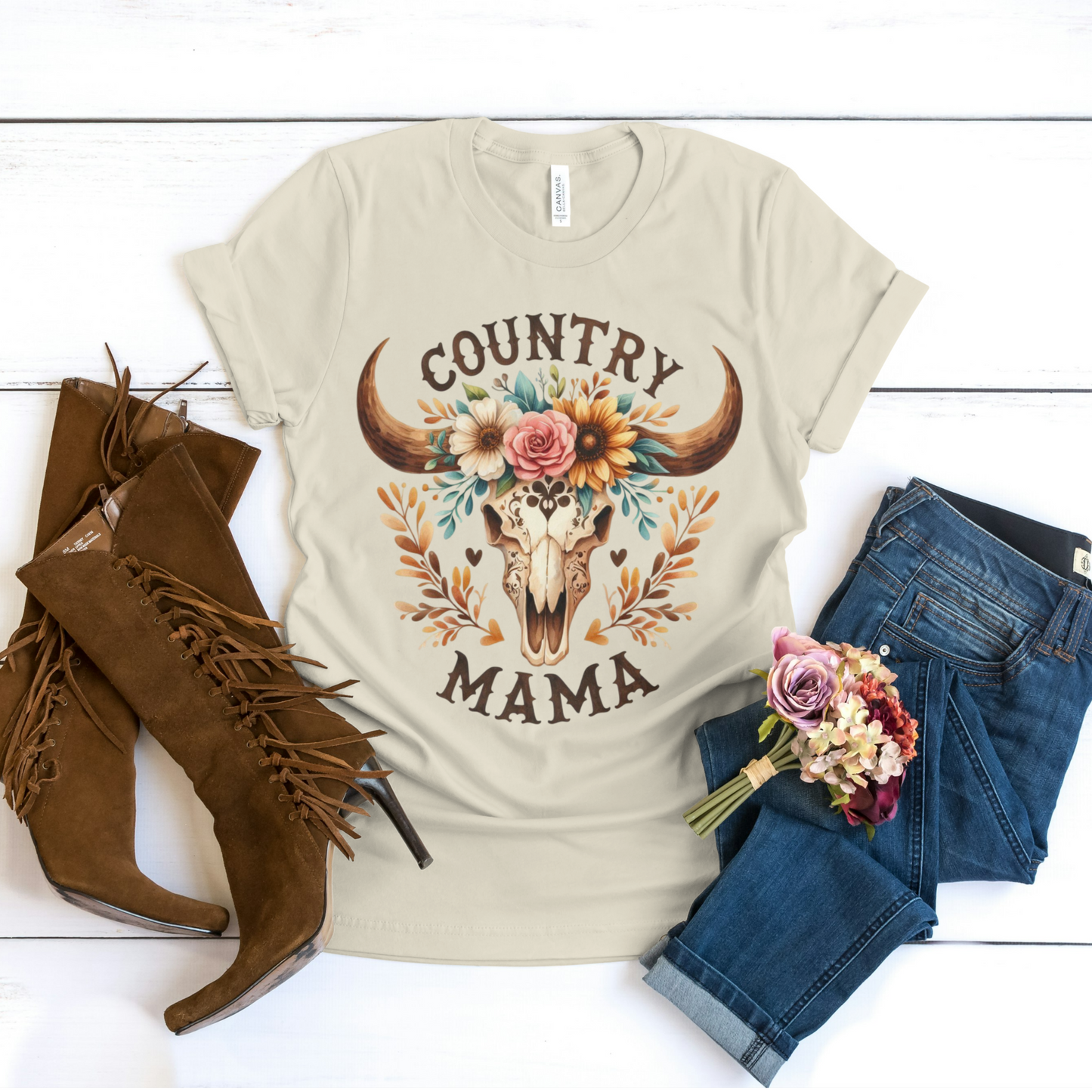 Country Mama Floral Skull Graphic Tee – Western Boho Style