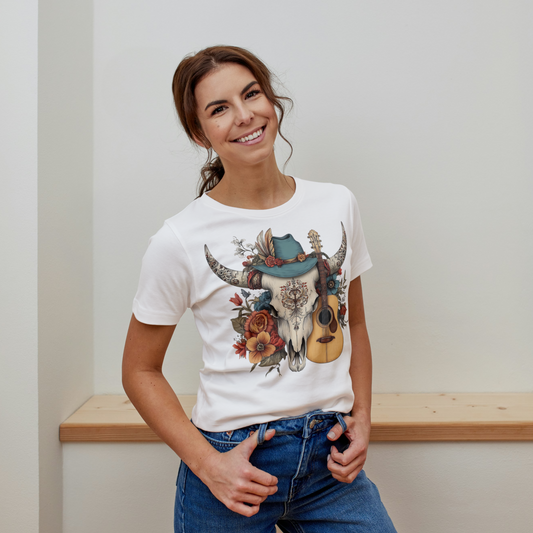 Boho Cowgirl Guitar Skull Tee – Western Floral Graphic Shirt