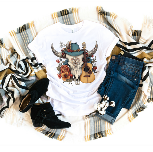 Boho Cowgirl Guitar Skull Tee – Western Floral Graphic Shirt