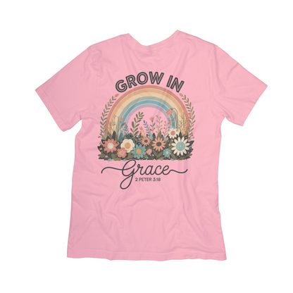 Grow in Grace Christian T-Shirt – Floral Rainbow Scripture Tee (2 Peter 3:18)