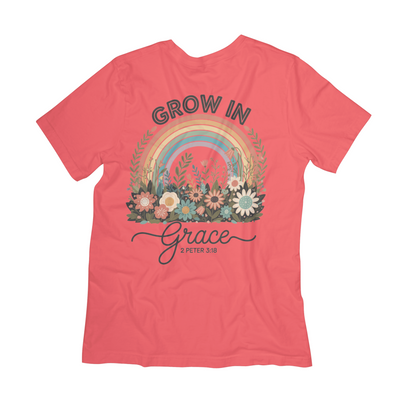 Grow in Grace Christian T-Shirt – Floral Rainbow Scripture Tee (2 Peter 3:18)