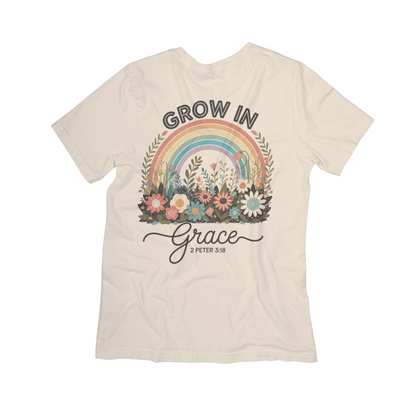 Grow in Grace Christian T-Shirt – Floral Rainbow Scripture Tee (2 Peter 3:18)