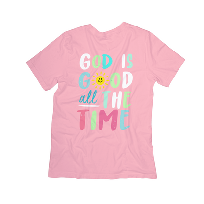 God Is Good All the Time Christian T-Shirt – Faith Graphic Tee with Colorful Sun Design