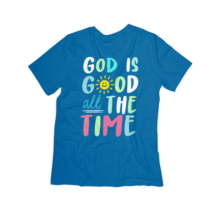 God Is Good All the Time Christian T-Shirt – Faith Graphic Tee with Colorful Sun Design