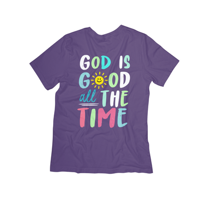 God Is Good All the Time Christian T-Shirt – Faith Graphic Tee with Colorful Sun Design
