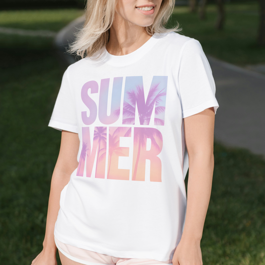 Split SUMMER Retro Graphic Tee – Palm Tree Sunset Vibes Shirt