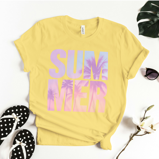 Split SUMMER Retro Graphic Tee – Palm Tree Sunset Vibes Shirt