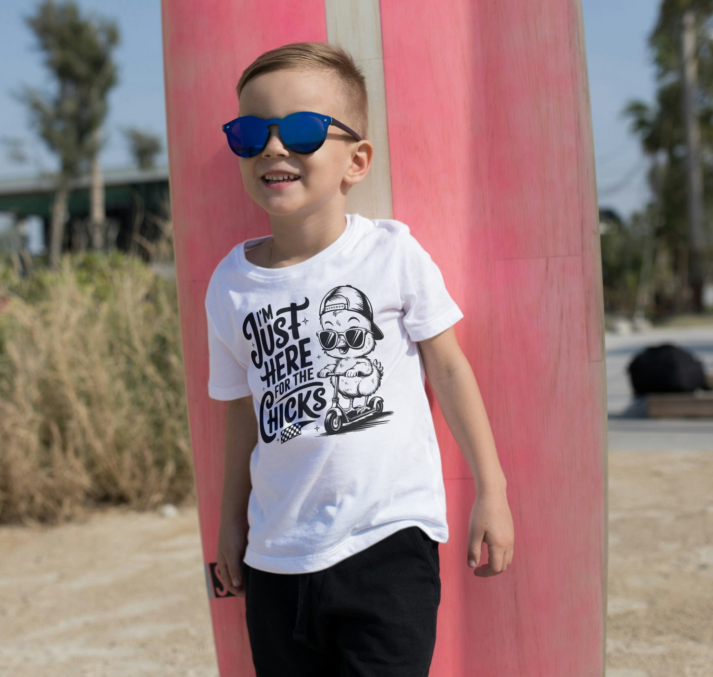 I’m Just Here for the Chicks Scooter T-Shirt – Funny Easter & Everyday Shirt for Kids