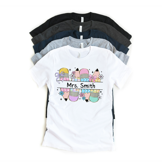 Personalized Pastel Pencil Teacher Tee – Custom Name Back to School Shirt