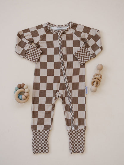Ribbed Bamboo Zip Romper | Latte Checkered