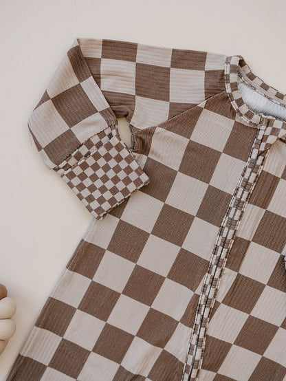 Ribbed Bamboo Zip Romper | Latte Checkered