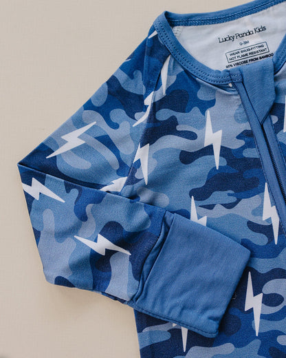 Bamboo Zip Romper | Blue Camo Bolts