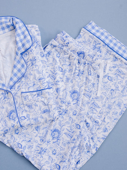 Bamboo Women's Button Up Set | Blue Flowers