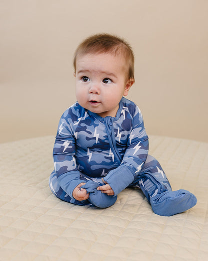 Bamboo Zip Romper | Blue Camo Bolts