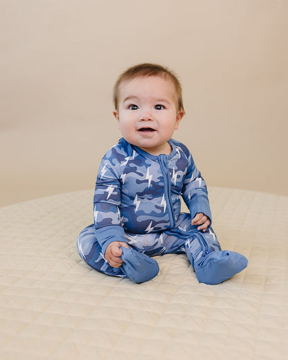 Bamboo Zip Romper | Blue Camo Bolts