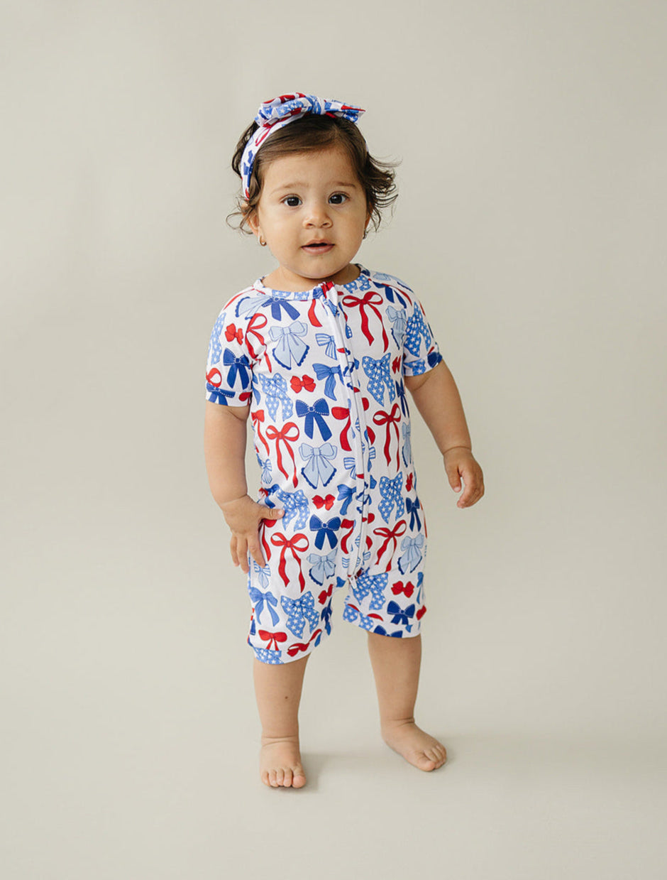 Bamboo Shorty Romper  | Red-White & Bows
