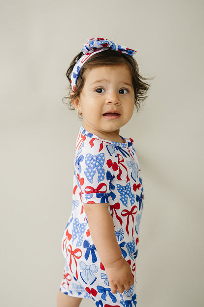 Bamboo Shorty Romper  | Red-White & Bows