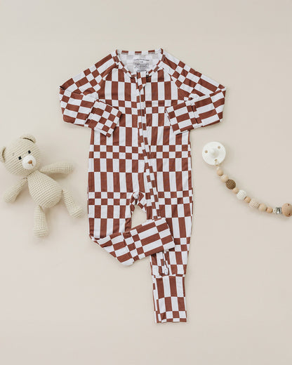 Bamboo Zip Romper | Chocolate Checkered