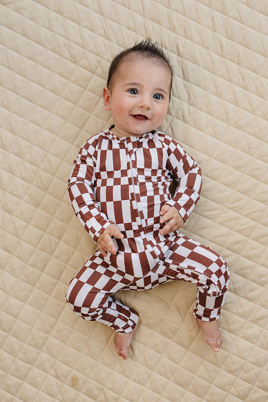 Bamboo Zip Romper | Chocolate Checkered