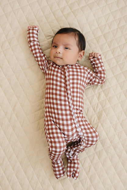 Bamboo Zip Romper | Chocolate Gingham