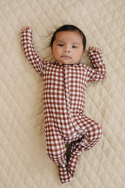 Bamboo Zip Romper | Chocolate Gingham