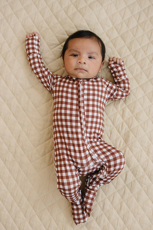 Bamboo Zip Romper | Chocolate Gingham