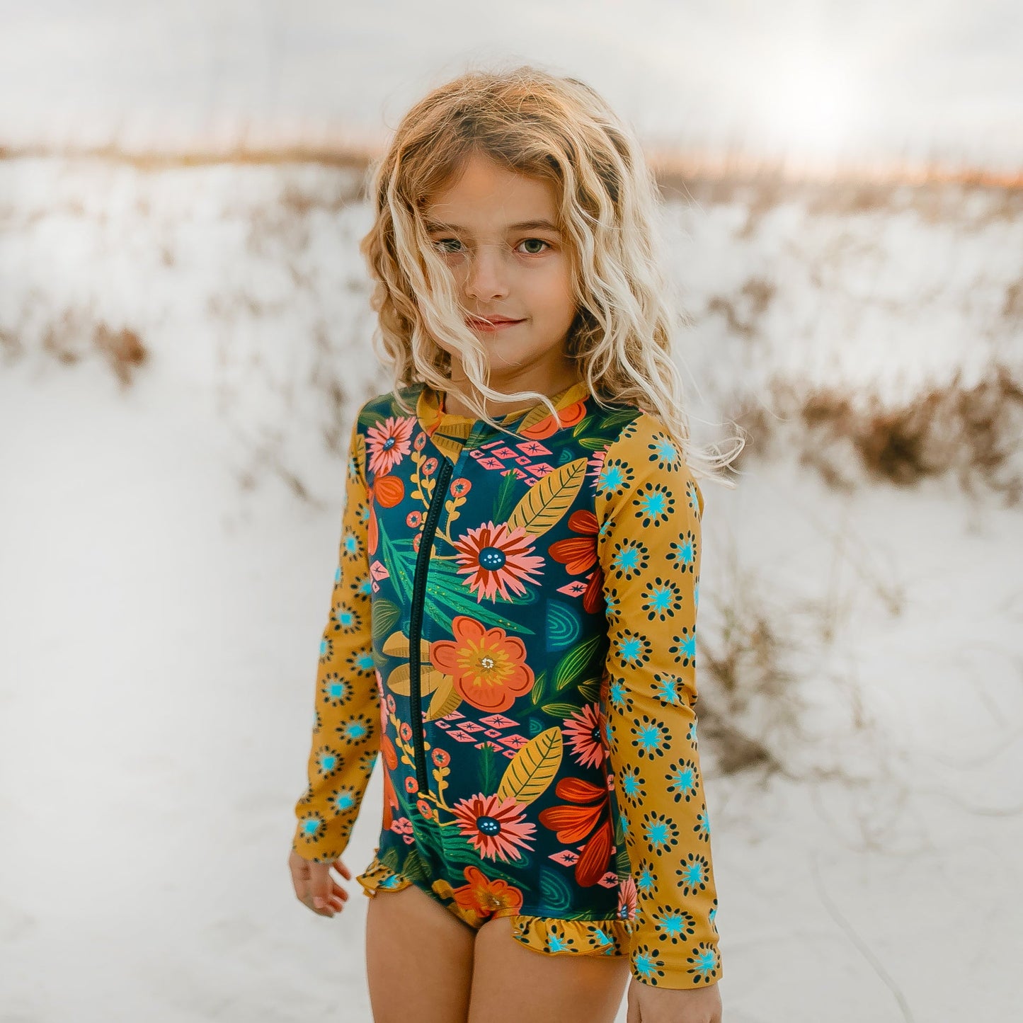 Mia Mustard Tropical Zip Rash Guard Swimsuit